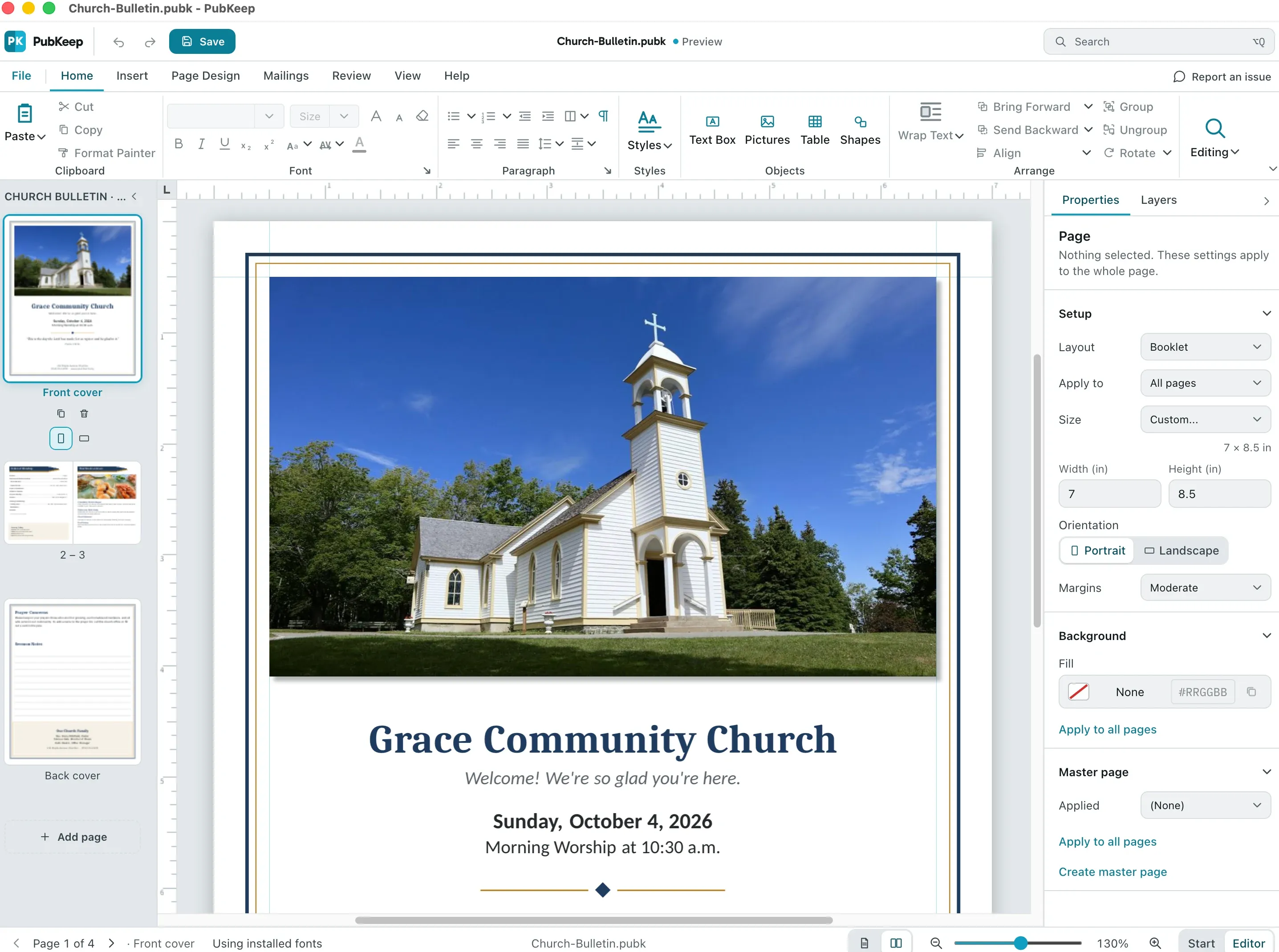 PubKeep editing a four-page church bulletin opened from a .pub file