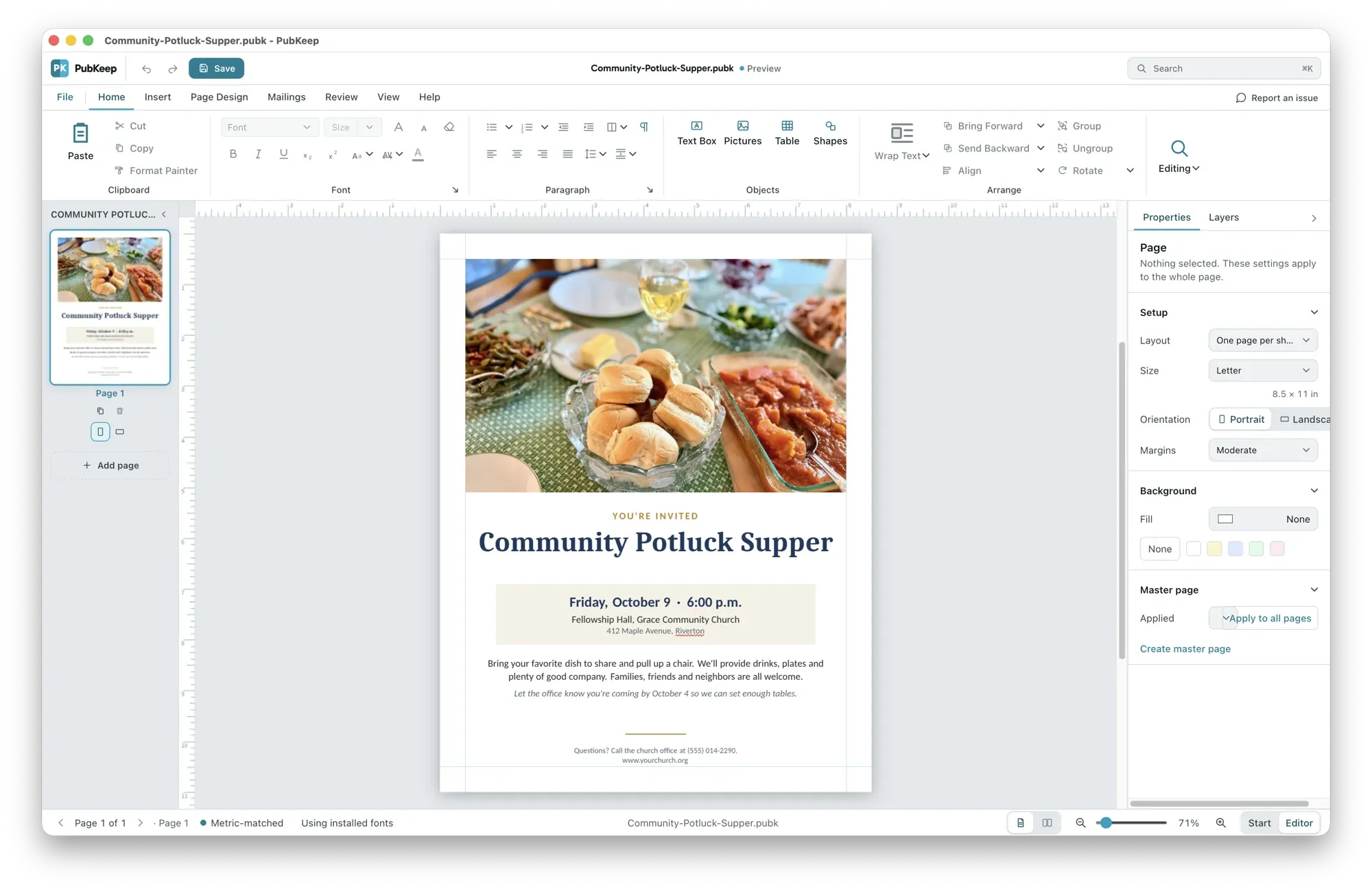 A community potluck supper flyer made in PubKeep