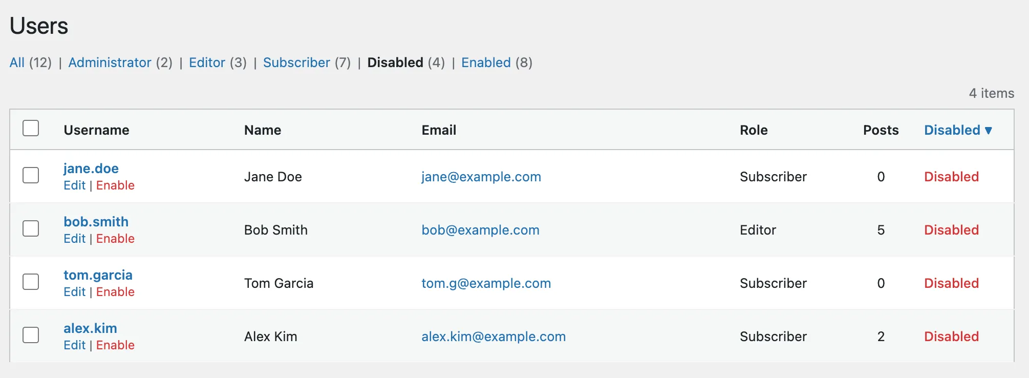 Disable User Login Pro - Filterable User List